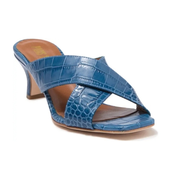 Paris TexasCroc Embossed Leather Crisscross Open Toe Mule In 2630 Ocean Blue